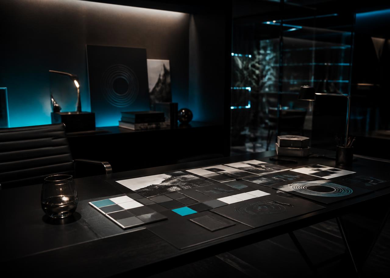 Dark studio desk with brand design boards under teal light
