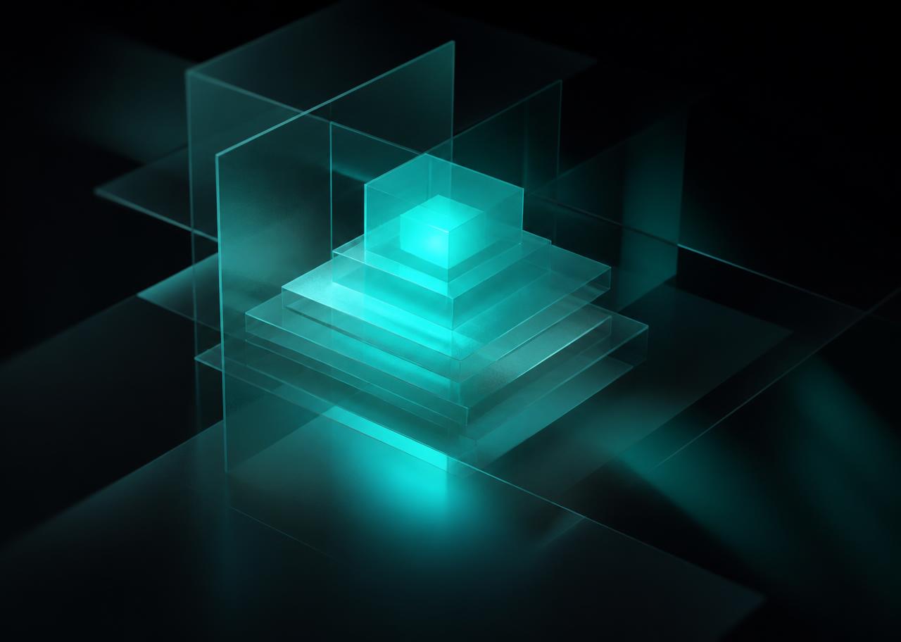Glowing teal layered glass structure representing learning technology