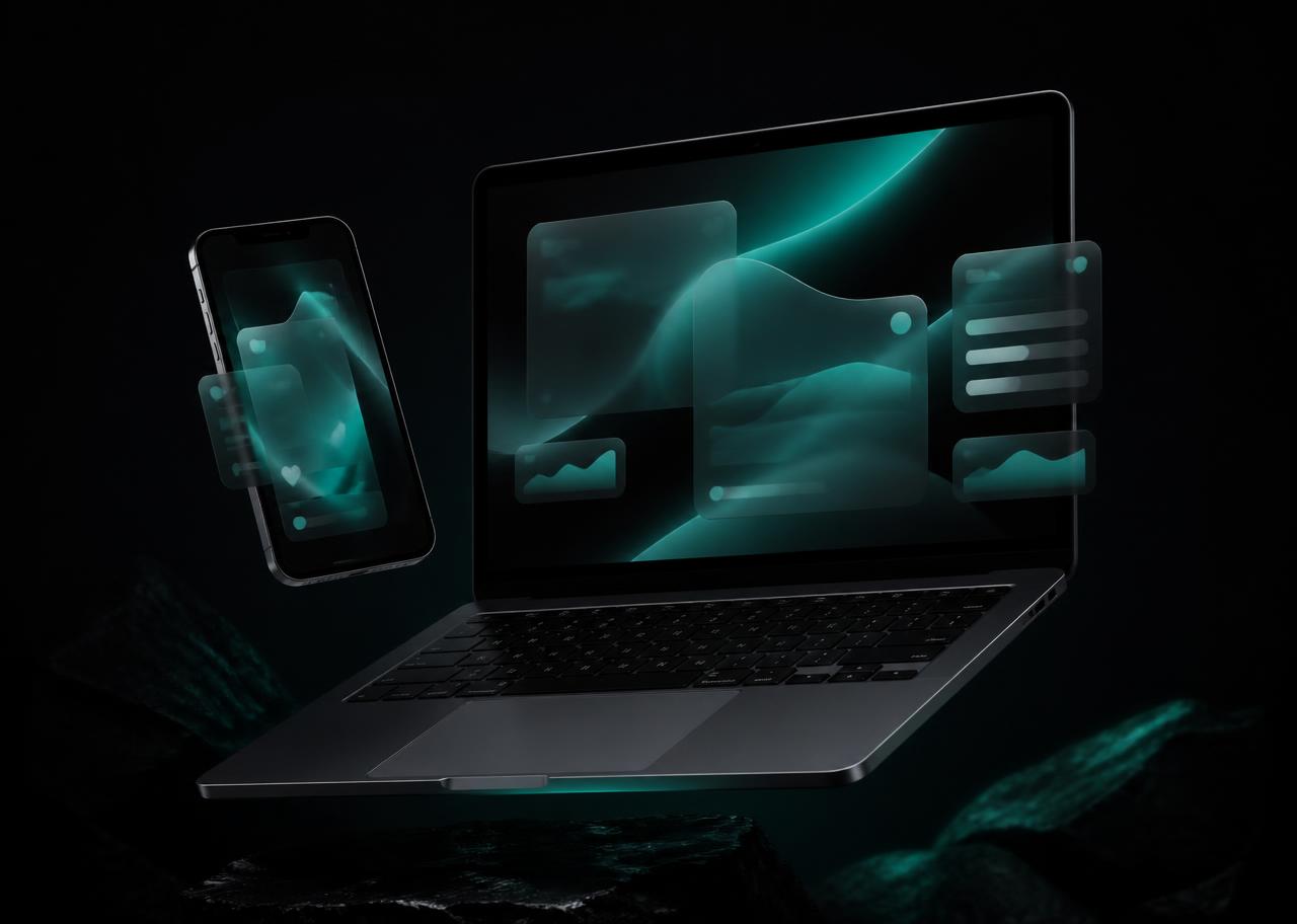 Laptop and phone with glowing teal interface panels on black